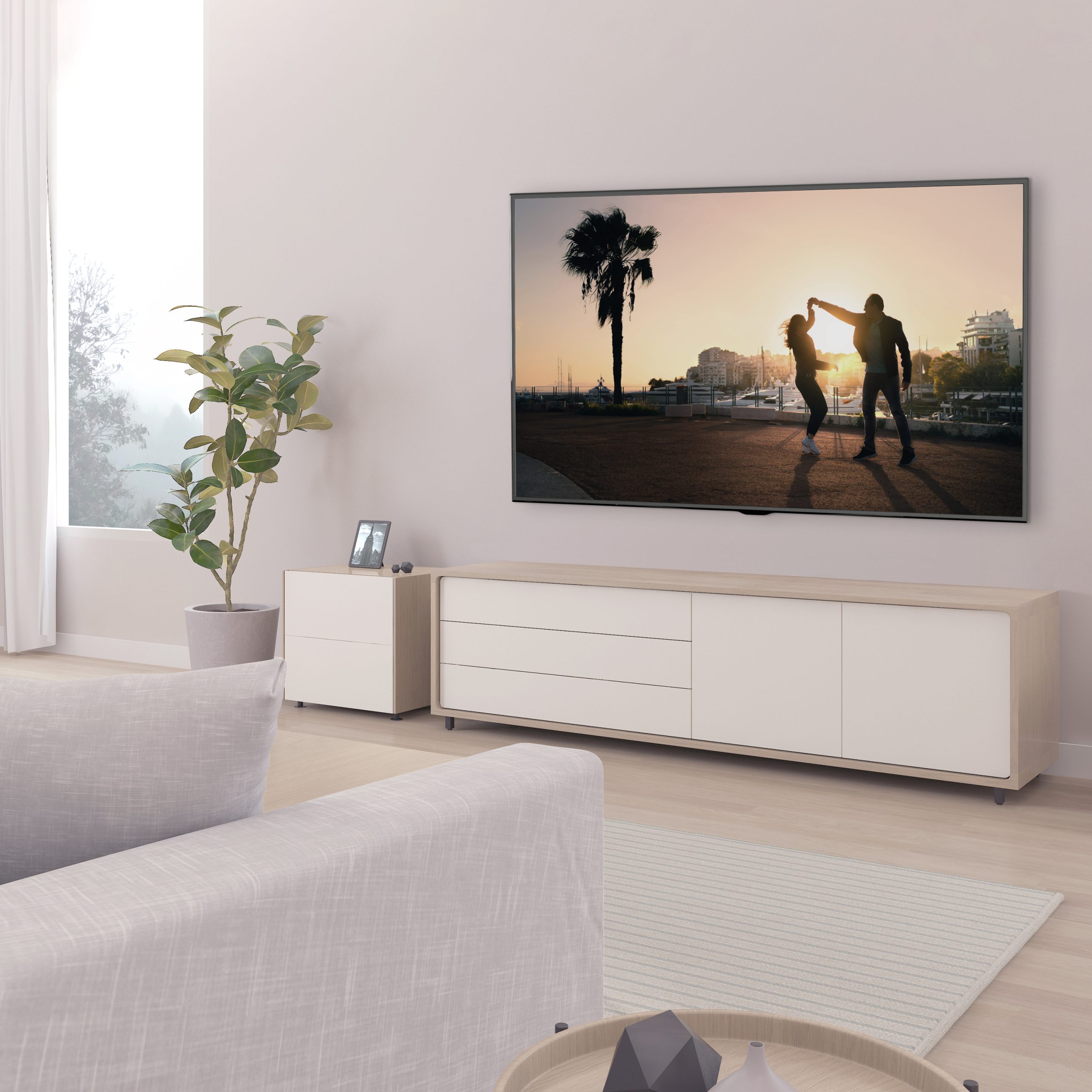 3D rendering of modern living room with TV screen and sofa on nature background.