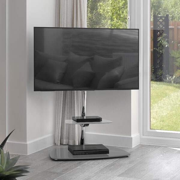 FSL590ENSW: Eno 60cm Pedestal TV Stand (Silver & White Glass) - AVF Group  (UK & Europe)